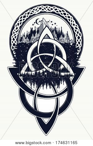 Celtic knot tattoo. Mountain forest symbol travel symmetry tourism t-shirt design. Celtic tattoo in ethnic style