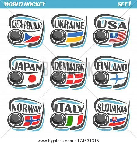 Vector set Flags of European Countries with Ice Hockey Puck: Logo national ice hockey Teams, Sport group countries of Europe, icons european flag, IIHF world team with puck, logo sport flags of europe