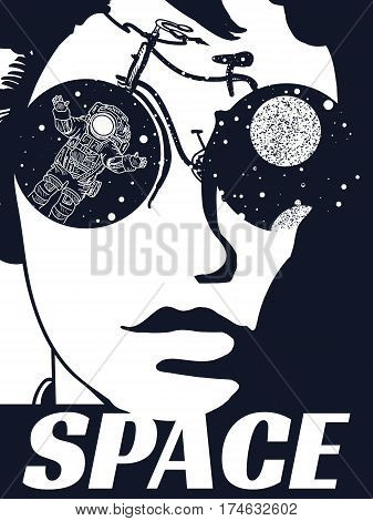 Space woman tattoo. Symbol of tourism travel surreal graphics. Cybernetic girl. Astronaut in the wheels of the bicycle