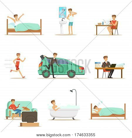 Modern Man Daily Routine From Morning To Evening Series Of Cartoon Illustrations With Happy Character. Normal Work Day Life Scenes Of Smiling Person From Waking Up To Going To Sleep