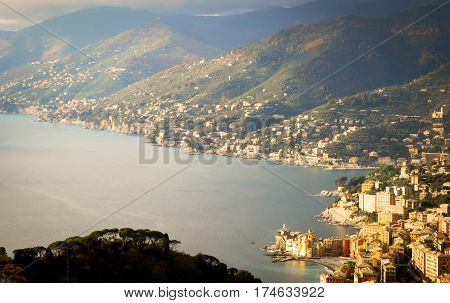 areal view of camogli and ligurian riviera from san rocco di camogli hill
