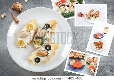 Beautiful snapshots of various italian sandwiches with seafood arranged on rustic wooden background with plates with food and seashells with copy space horizontal top view.