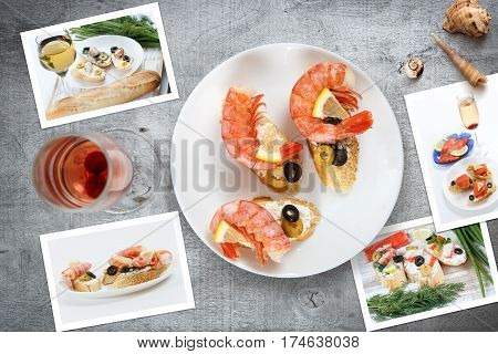Beautiful snapshots of various italian sandwiches with seafood arranged on rustic wooden background with plates with food and seashells with copy space horizontal top view.