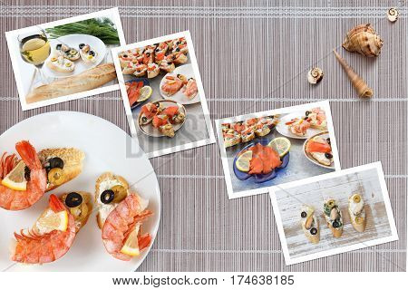 Beautiful snapshots of various italian sandwiches with seafood arranged on rustic wooden background with plates with food and seashells with copy space horizontal top view.