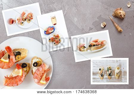 Beautiful snapshots of various italian sandwiches with seafood arranged on rustic wooden background with plates with food and seashells with copy space horizontal top view.