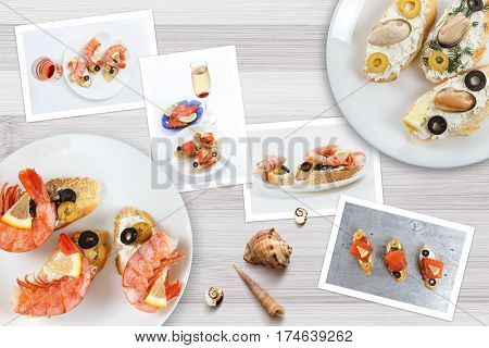 Beautiful snapshots of various italian sandwiches with seafood arranged on rustic wooden background with plates with food and seashells with copy space horizontal top view.