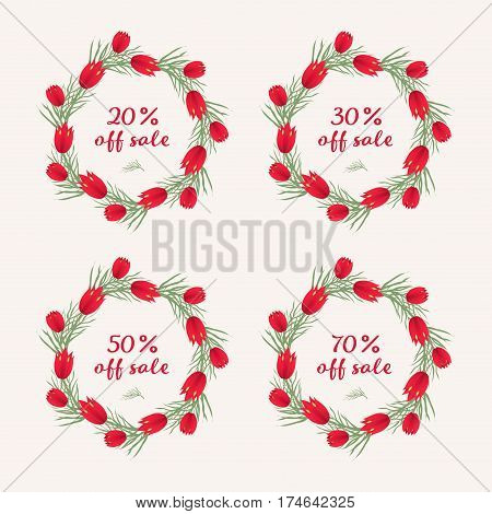 Set of Sale Sign Banner Poster ready for Web and Print. Spring sale tag design, voucher template. Big set. Floral frame for text, isolated on white background. Vector illustration