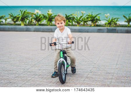 Active Blond Kid Boy And Bicycle Near The Sea. Toddler Child Dreaming And Having Fun On Warm Summer