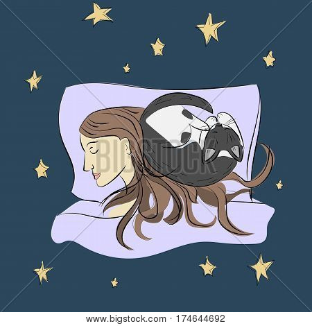 Sleeping girl with cat drawn by hand . Color Sketch. Vector illustration