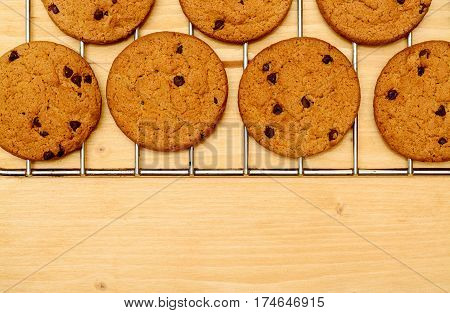 Freshly baked Chocolate chip cookies on cooling rack over wood background with copy space