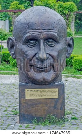 Bucharest, Romania - May 10, 2014. The Public Garden Herastrau. The Statue Of Robert Schuman.