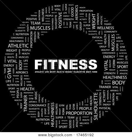 FITNESS. Slovo koláž na černém pozadí. Vektorové ilustrace. Ilustrace s různými associat
