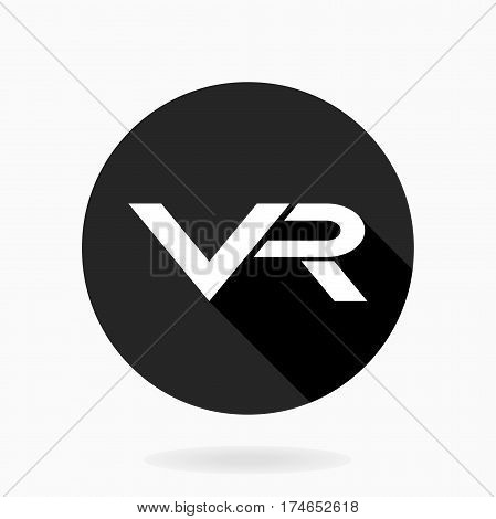 White vector icon with VR logo in the black circle. Flat design with long shadow. Virtual reality logo