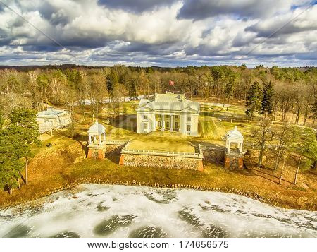 Trakai, Lithuania: Aerial UAV top view of Uzutrakis Palace in the winter