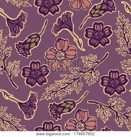 Seamless pattern of flowers and leaves medical plant yarrow. Milfoil.