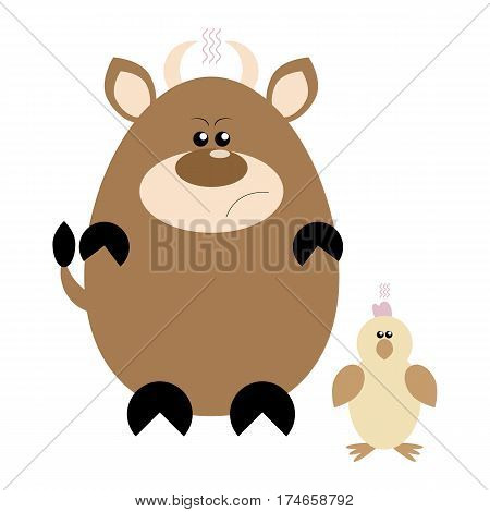 Funny cartoon angry cow and his chick friend