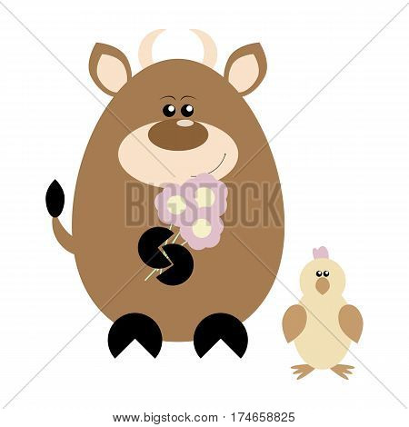 Funny cartoon happy cow and his chick friend