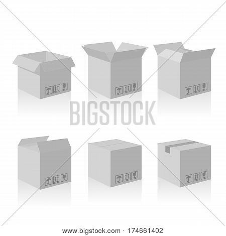 Open and closed recycle carton delivery packaging box with fragile signs. Collection vector illustration isolated box with shadow on white background for web, icon, banner, infographic.