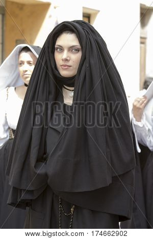 CAGLIARI, ITALY - May 1, 2014: 358 Religious Procession of Sant'Efisio - portrait of a beautiful girl in traditional Sardinian costume - Sardinia
