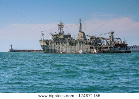 A warship a minesweeper in the Bay of Sevastopol. Crimea Ukraine. June 2006