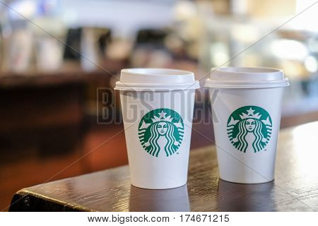 Edinburgh, United Kingdom - 14 Febuary 2017 : Starbucks Take Away, Hot Beverage Coffee Cup With Logo