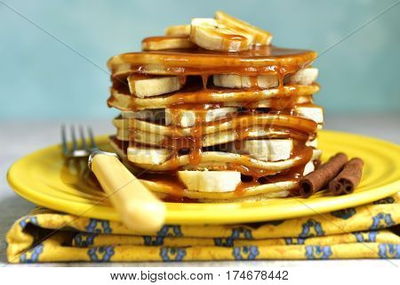 Banana Pancakes With Caramel For A Breakfast.