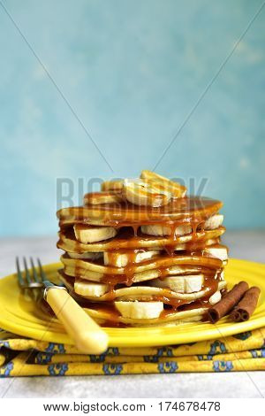 Banana Pancakes With Caramel For A Breakfast.