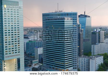 Warsaw, Poland - May 07, 2016. Aerial view with InterContinental Hotel, Warsaw Financial Center and Spektrum Tower in Warsaw.