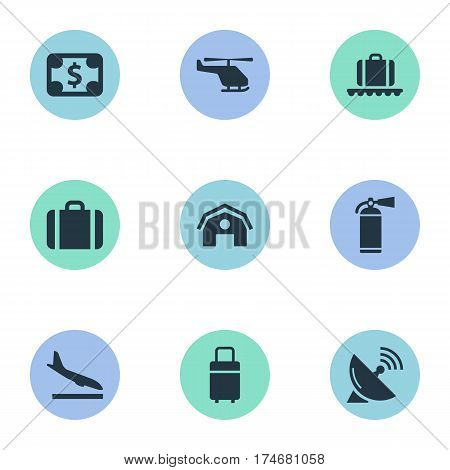 Set Of 9 Simple Transportation Icons. Can Be Found Such Elements As Protection Tool, Garage, Alighting Plane And Other.