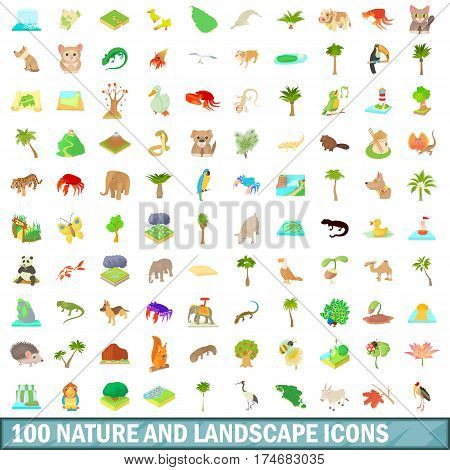 100 nature and landscape icons set in cartoon style for any design vector illustration