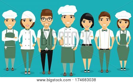 A young team of restaurant workers. Confident professionals. Cartoon in a flat style. Happy people.