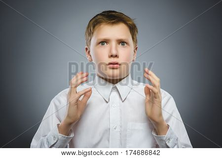 Closeup Scared and shocked little boys. Studio shot portrait over gray background. Human emotion face expression. Life perception achievement vision.