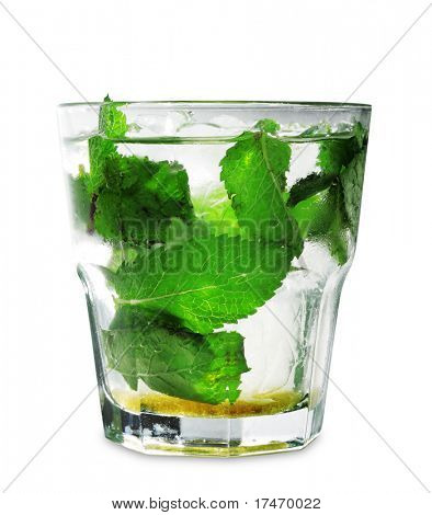 Alcoholic Cocktail made of Vermouth with Mint and Cane Sugar. Isolated on White Background