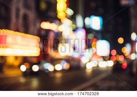 Blurred Street city lights with car traffic in New York City