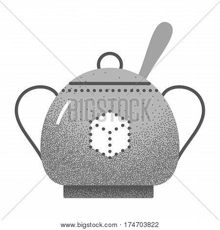Set of black and white vintage tea icons with retro texture. Sugar bowl with spoon inside. Vintage vector illustration