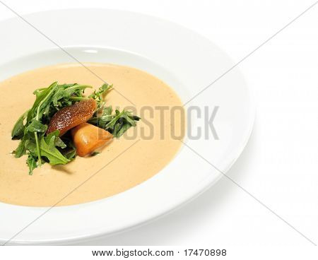 Room van de paddestoel soep gekleed met Greens en eetbare Boletus. Geïsoleerd op witte achtergrond