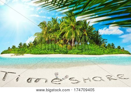 Whole Tropical Island Within Atoll In Tropical Ocean And Inscription 