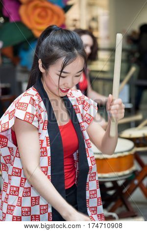 Moscow, Russia - March 5, 2017: Group Of Japanese Taiko Drummers Girls Perform In 
