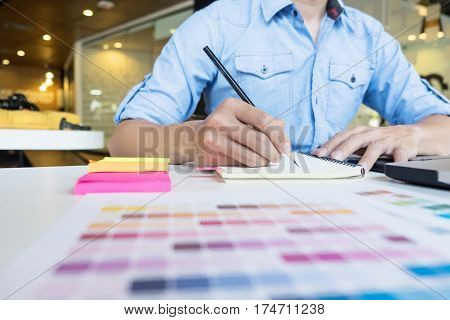 Hipster Modern Graphic Designer Drawing Working Home Using Laptop At Office