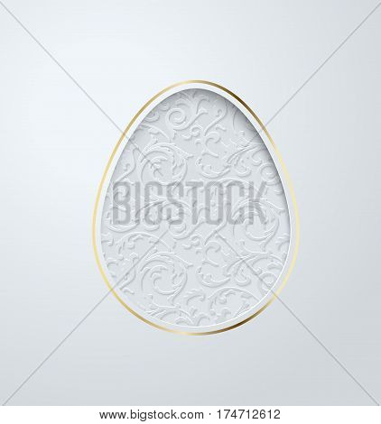 Easter greeting card with caper cut egg floral pattern. White background with golden elegant line around.