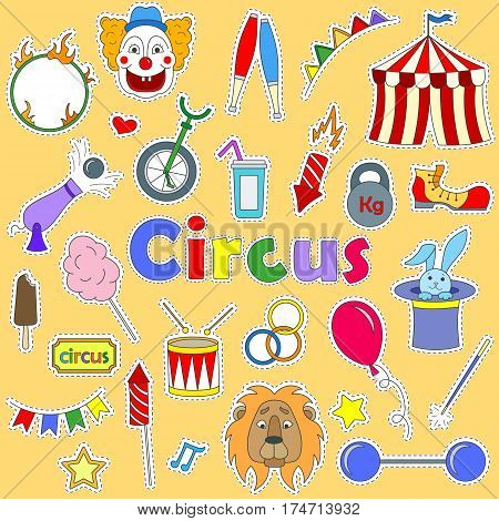 Set of colored icons patches on the subject of performances in a circus