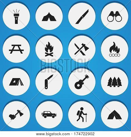 Set Of 16 Editable Trip Icons. Includes Symbols Such As Ax, Lantern, Gait And More. Can Be Used For Web, Mobile, UI And Infographic Design.