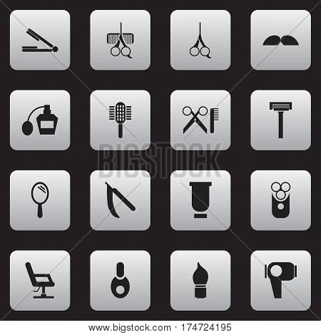 Set Of 16 Editable Tonsorial Artist Icons. Includes Symbols Such As Hair Drier, Container, Blade And More. Can Be Used For Web, Mobile, UI And Infographic Design.