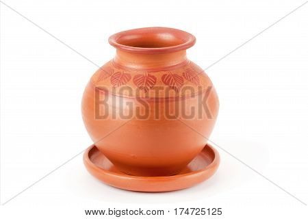 Clay pot and plate isolated on white background.