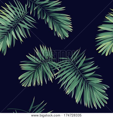 Dark tropical pattern with exotic plants. Seamless tropical pattern with green phoenix palm leaves. Vector illustration.