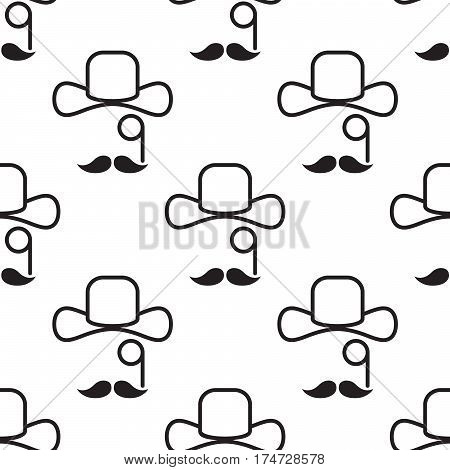 Gentleman hat, mustache and monocle seamless pattern. Black and white texture for shirt apparel and fabric.