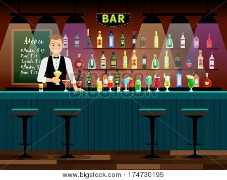 Bar counter with bartender and wine bottles on the shelves. Vector illustration