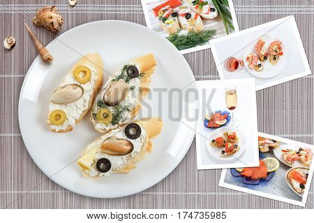 Beautiful snapshots of various italian sandwiches with seafood arranged on bamboo mat background with plates with food and seashells with copy space horizontal top view.