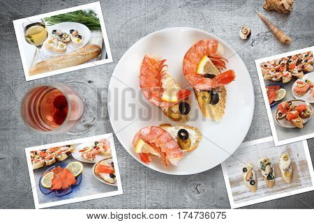 Beautiful snapshots of various italian sandwiches with seafood arranged on rustic wooden background with plates with food and seashells with copy space horizontal top view.