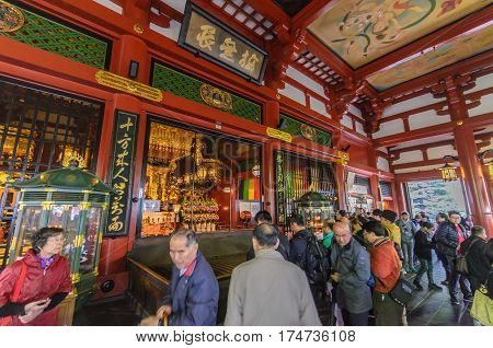 Tokyo Japan - November 19 2016 : Inside the main hall of Senso-ji Temple in Asakusa Tokyo Japan . The Senso-ji Temple in Asakusa is the most famous temple in Tokyo .